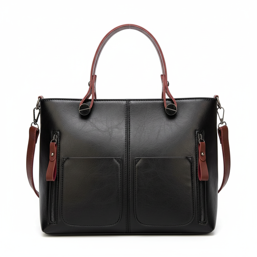 Black leather bag with brown trim