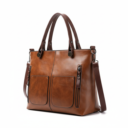 Brown leather bag three-quarter view